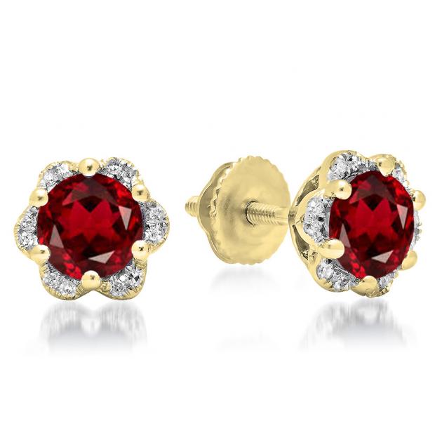 1.95 Carat (ctw) 10K Yellow Gold Round Cut Garnet & White Diamond Ladies Flower Shape Cluster Fashion Stud Earrings 2 CT