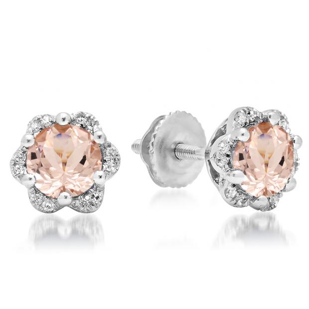 1.95 Carat (ctw) 10K White Gold Round Cut Morganite & White Diamond Ladies Flower Shape Cluster Fashion Stud Earrings 2 CT