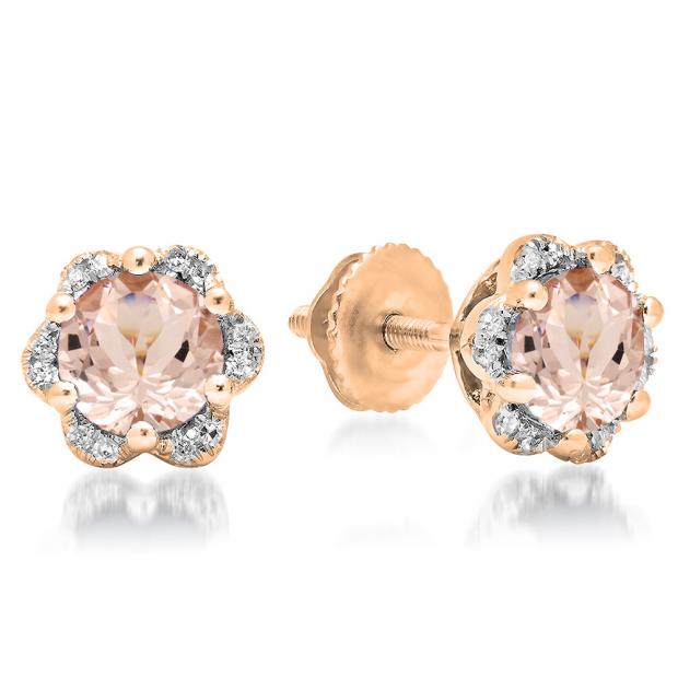 1.95 Carat (ctw) 14K Rose Gold Round Cut Morganite & White Diamond Ladies Flower Shape Cluster Fashion Stud Earrings 2 CT