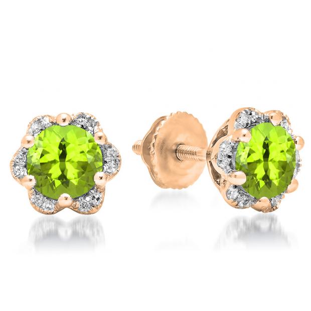 1.95 Carat (ctw) 14K Rose Gold Round Cut Peridot & White Diamond Ladies Flower Shape Cluster Fashion Stud Earrings 2 CT