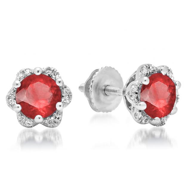 1.95 Carat (ctw) 18K White Gold Round Cut Ruby & White Diamond Ladies Flower Shape Cluster Fashion Stud Earrings 2 CT