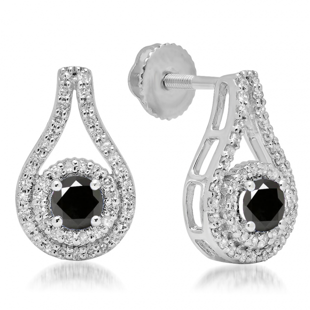 1.10 Carat (ctw) 10K White Gold Round Cut Black & White Diamond Ladies Halo Style Drop Earrings 1 CT