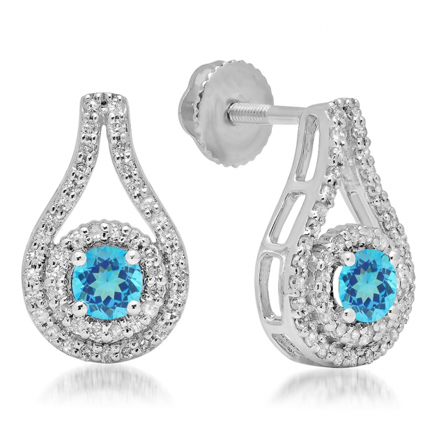 1.10 Carat (ctw) 18K White Gold Round Cut Blue Topaz & White Diamond Ladies Halo Style Drop Earrings 1 CT