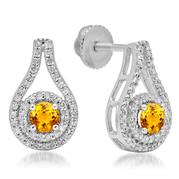 1.10 Carat (ctw) 10K White Gold Round Cut Citrine & White Diamond Ladies Halo Style Drop Earrings 1 CT