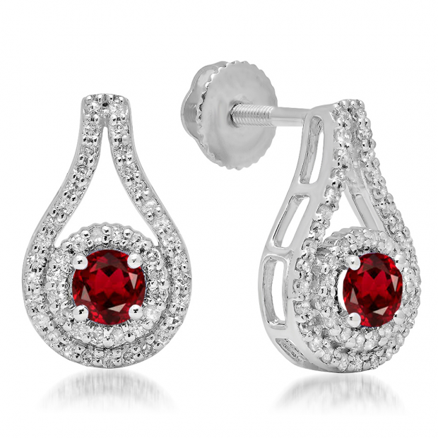 1.10 Carat (ctw) 10K White Gold Round Cut Garnet & White Diamond Ladies Halo Style Drop Earrings 1 CT