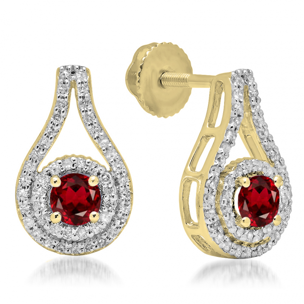 1.10 Carat (ctw) 10K Yellow Gold Round Cut Garnet & White Diamond Ladies Halo Style Drop Earrings 1 CT