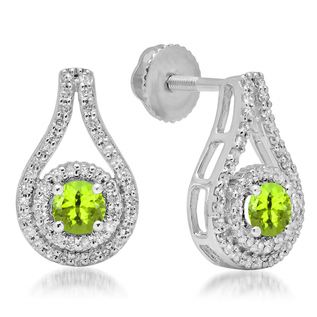 1.10 Carat (ctw) 10K White Gold Round Cut Peridot & White Diamond Ladies Halo Style Drop Earrings 1 CT