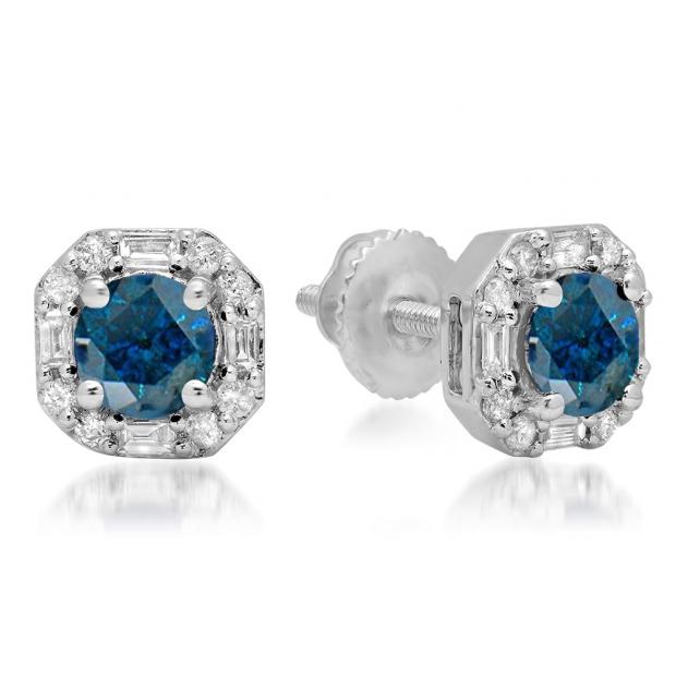 1.40 Carat (ctw) 18K White Gold Round Cut Blue & Baguette & Round Cut White Diamond Ladies Halo Style Stud Earrings