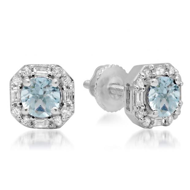 1.40 Carat (ctw) 18K White Gold Round Cut Aquamarine & Baguette & Round Cut White Diamond Ladies Halo Style Stud Earrings
