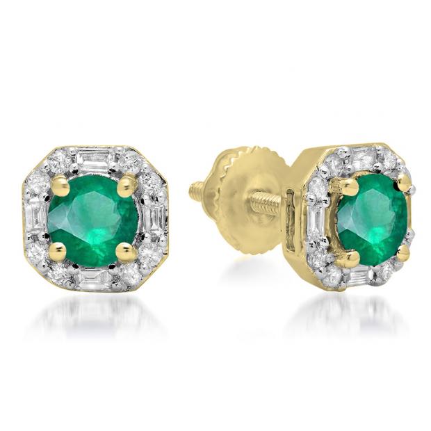 1.40 Carat (ctw) 18K Yellow Gold Round Cut Emerald & Baguette & Round Cut White Diamond Ladies Halo Style Stud Earrings