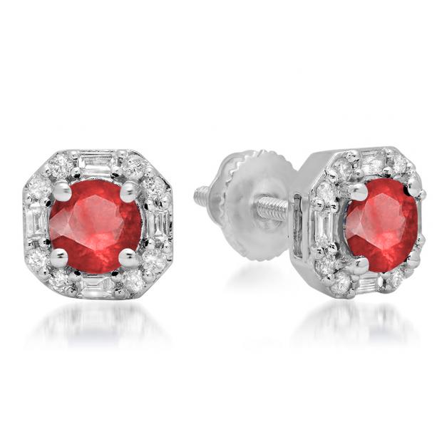 1.40 Carat (ctw) 18K White Gold Round Cut Ruby & Baguette & Round Cut White Diamond Ladies Halo Style Stud Earrings