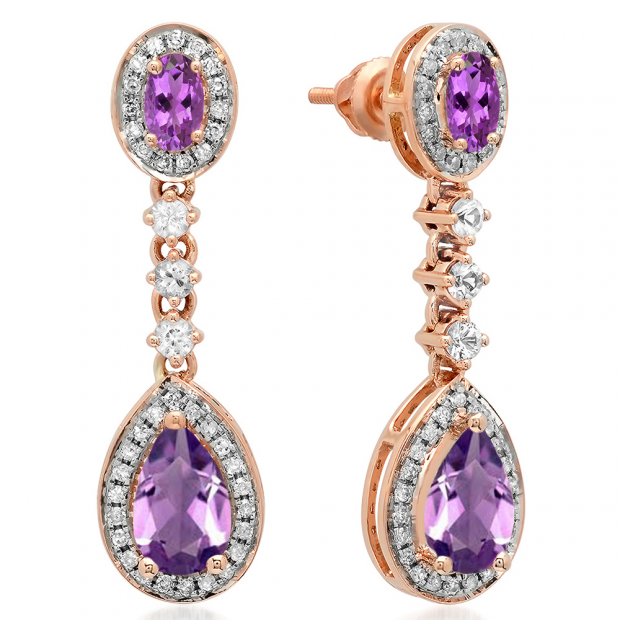 2.65 Carat (ctw) 14K Rose Gold Pear & Oval Cut Amethyst & Round Cut White Sapphire & White Diamond Ladies Halo Style Dangling Drop Earrings