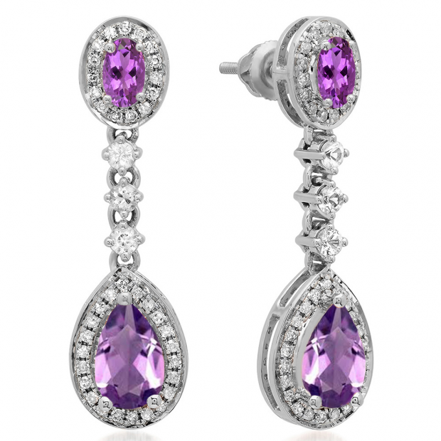 2.65 Carat (ctw) 14K White Gold Pear & Oval Cut Amethyst & Round Cut White Sapphire & White Diamond Ladies Halo Style Dangling Drop Earrings