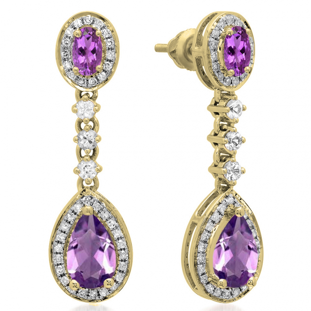 2.65 Carat (ctw) 14K Yellow Gold Pear & Oval Cut Amethyst & Round Cut White Sapphire & White Diamond Ladies Halo Style Dangling Drop Earrings