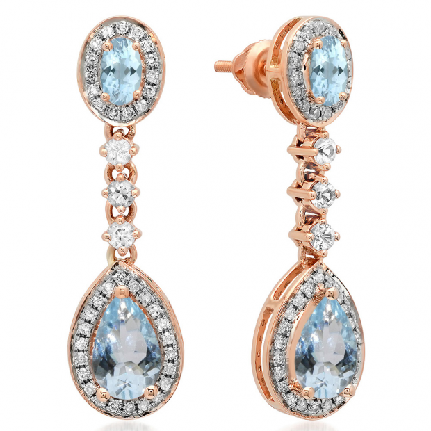 2.65 Carat (ctw) 14K Rose Gold Pear & Oval Cut Aquamarine & Round Cut White Sapphire & White Diamond Ladies Halo Style Dangling Drop Earrings