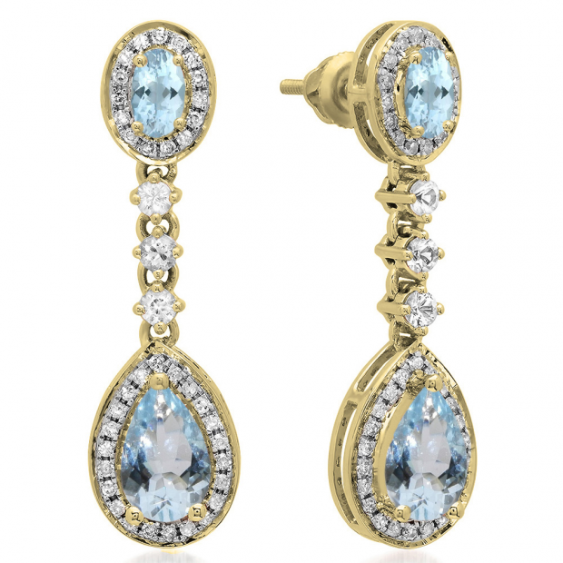 2.65 Carat (ctw) 14K Yellow Gold Pear & Oval Cut Aquamarine & Round Cut White Sapphire & White Diamond Ladies Halo Style Dangling Drop Earrings