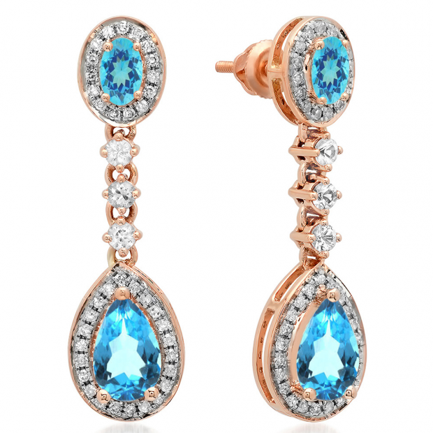 2.65 Carat (ctw) 14K Rose Gold Pear & Oval Cut Blue Topaz & Round Cut White Sapphire & White Diamond Ladies Halo Style Dangling Drop Earrings