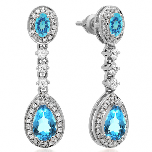 2.65 Carat (ctw) 14K White Gold Pear & Oval Cut Blue Topaz & Round Cut White Sapphire & White Diamond Ladies Halo Style Dangling Drop Earrings