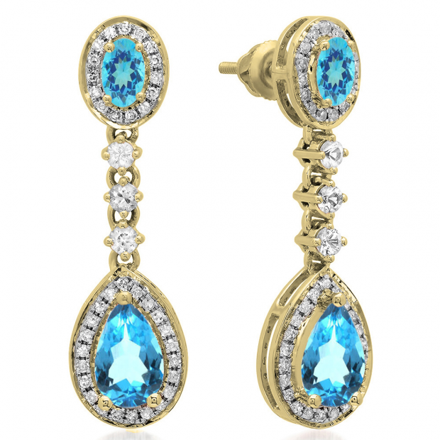 2.65 Carat (ctw) 14K Yellow Gold Pear & Oval Cut Blue Topaz & Round Cut White Sapphire & White Diamond Ladies Halo Style Dangling Drop Earrings