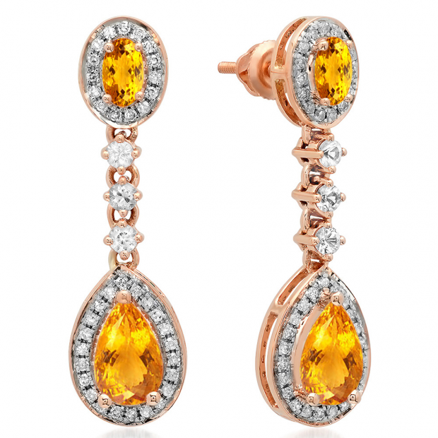 2.65 Carat (ctw) 10K Rose Gold Pear & Oval Cut Citrine & Round Cut White Sapphire & White Diamond Ladies Halo Style Dangling Drop Earrings