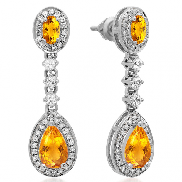 2.65 Carat (ctw) 10K White Gold Pear & Oval Cut Citrine & Round Cut White Sapphire & White Diamond Ladies Halo Style Dangling Drop Earrings