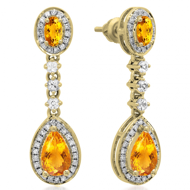 2.65 Carat (ctw) 18K Yellow Gold Pear & Oval Cut Citrine & Round Cut White Sapphire & White Diamond Ladies Halo Style Dangling Drop Earrings