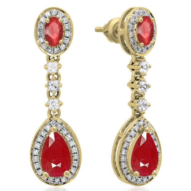 2.65 Carat (ctw) 14K Yellow Gold Pear & Oval Cut Ruby & Round Cut White Sapphire & White Diamond Ladies Halo Style Dangling Drop Earrings