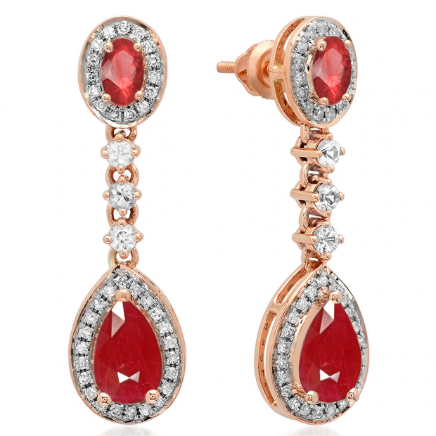 2.65 Carat (ctw) 18K Rose Gold Pear & Oval Cut Ruby & Round Cut White Sapphire & White Diamond Ladies Halo Style Dangling Drop Earrings