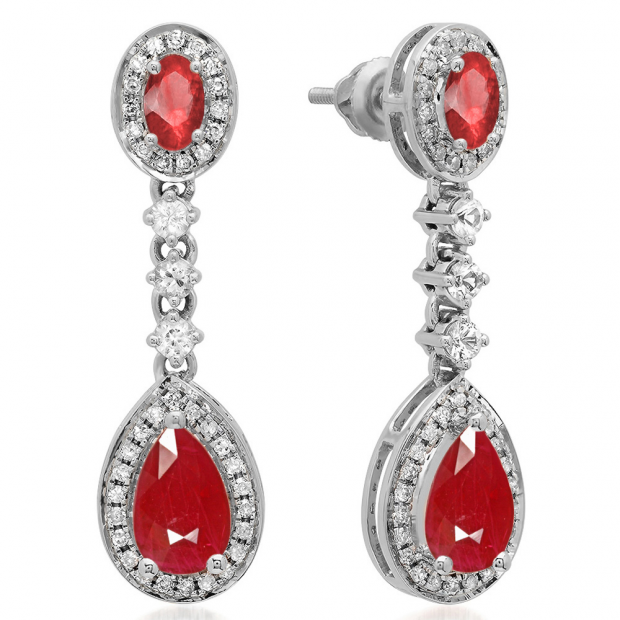 2.65 Carat (ctw) 18K White Gold Pear & Oval Cut Ruby & Round Cut White Sapphire & White Diamond Ladies Halo Style Dangling Drop Earrings