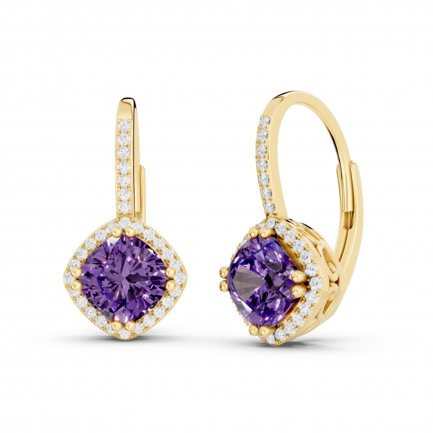2.20 Carat (ctw) 10K Yellow Gold Cushion Cut Amethyst & Round Cut White Diamond Ladies Halo Style Dangling Drop Earrings