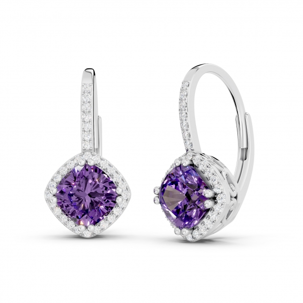 2.20 Carat (ctw) 14K White Gold Cushion Cut Amethyst & Round Cut White Diamond Ladies Halo Style Dangling Drop Earrings