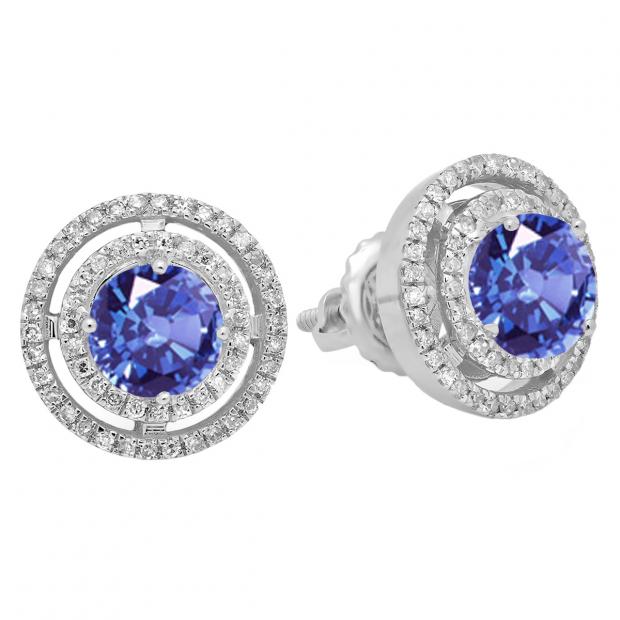 1.17 Carat (ctw) 10K White Gold Round Tanzanite & White Diamond Ladies Halo Style Stud Earrings