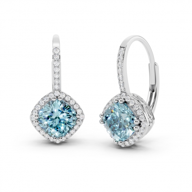 2.20 Carat (ctw) 14K White Gold Cushion Cut Blue Topaz & Round Cut White Diamond Ladies Halo Style Dangling Drop Earrings