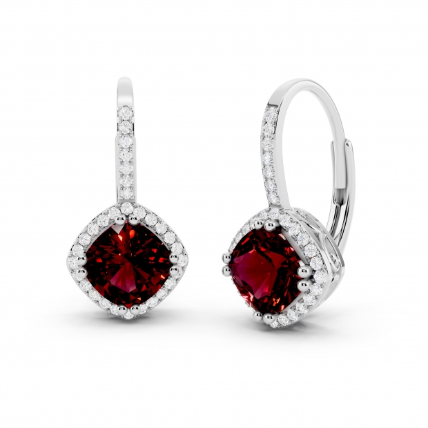 2.20 Carat (ctw) 10K White Gold Cushion Cut Garnet & Round Cut White Diamond Ladies Halo Style Dangling Drop Earrings