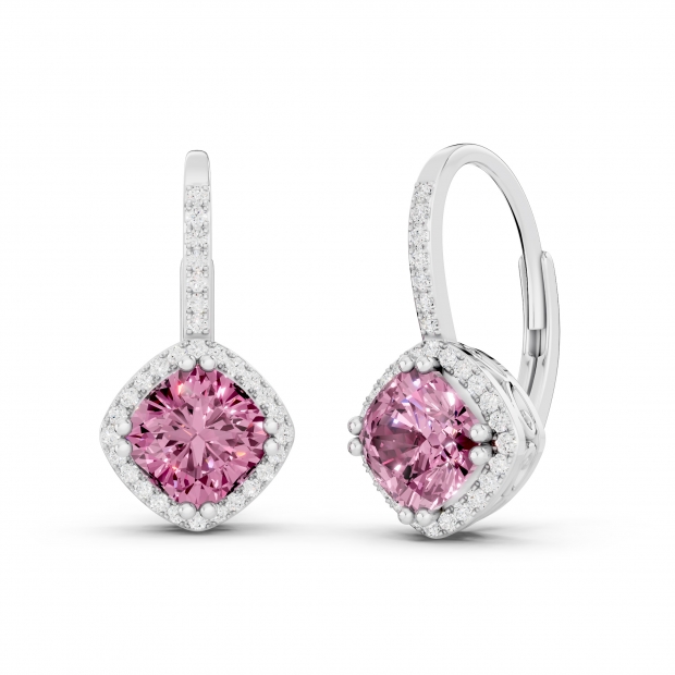 2.20 Carat (ctw) 14K White Gold Cushion Cut Pink Sapphire & Round Cut White Diamond Ladies Halo Style Dangling Drop Earrings
