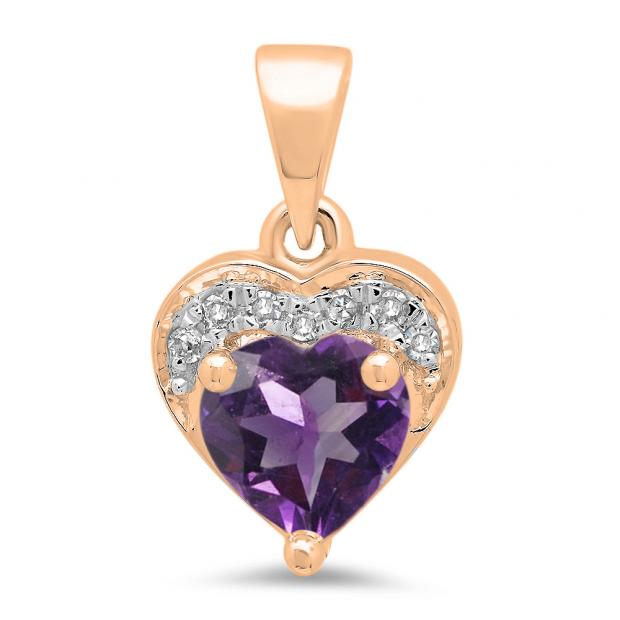 0.60 Carat (ctw) 14K Rose Gold Heart Cut Amethyst & Round Cut White Diamond Ladies Heart Pendant