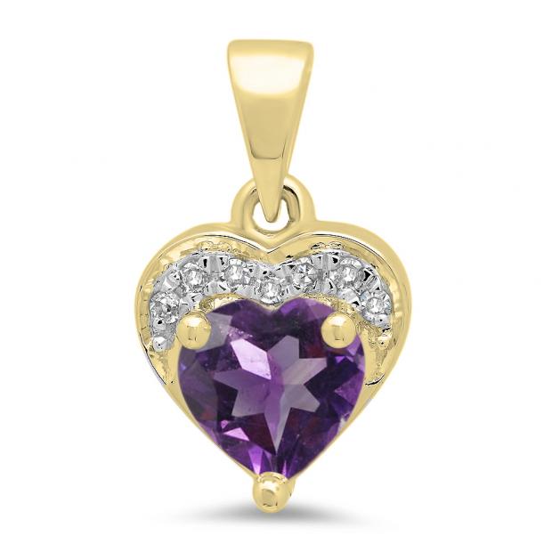 0.60 Carat (ctw) 14K Yellow Gold Heart Cut Amethyst & Round Cut White Diamond Ladies Heart Pendant
