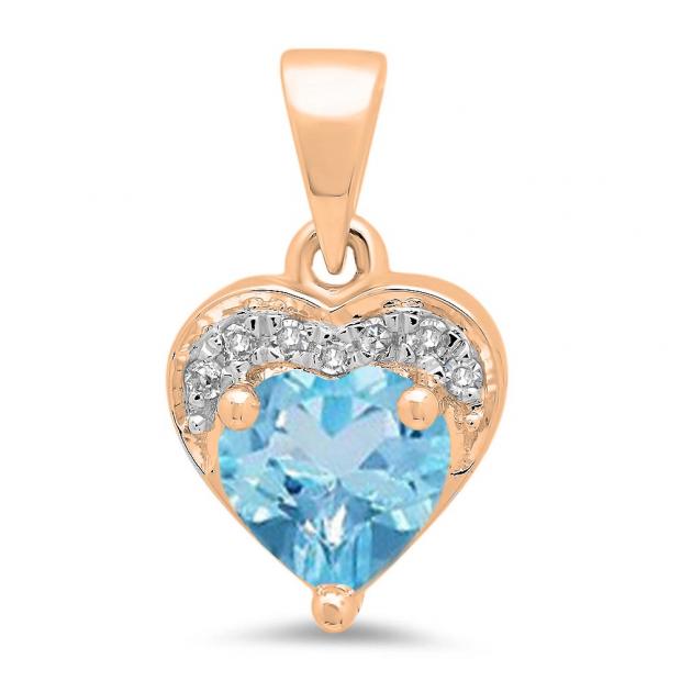 0.60 Carat (ctw) 14K Rose Gold Heart Cut Blue Topaz & Round Cut White Diamond Ladies Heart Pendant