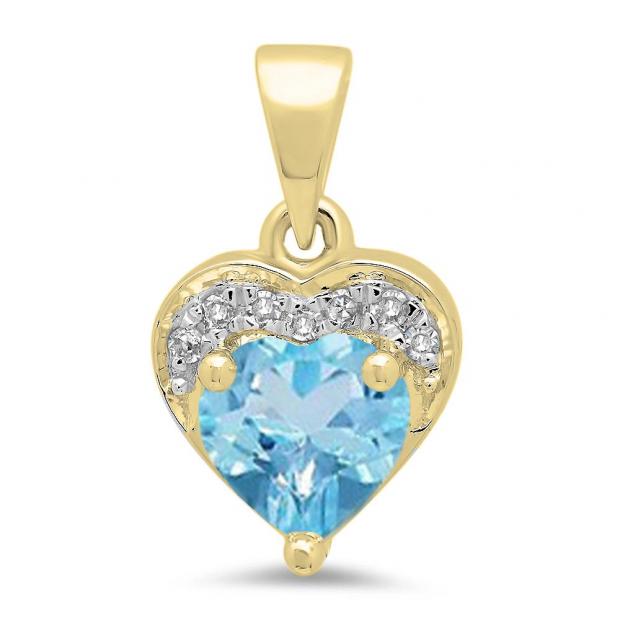 0.60 Carat (ctw) 14K Yellow Gold Heart Cut Blue Topaz & Round Cut White Diamond Ladies Heart Pendant