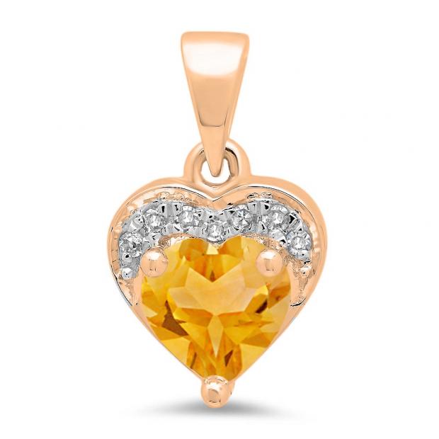 0.60 Carat (ctw) 14K Rose Gold Heart Cut Citrine & Round Cut White Diamond Ladies Heart Pendant