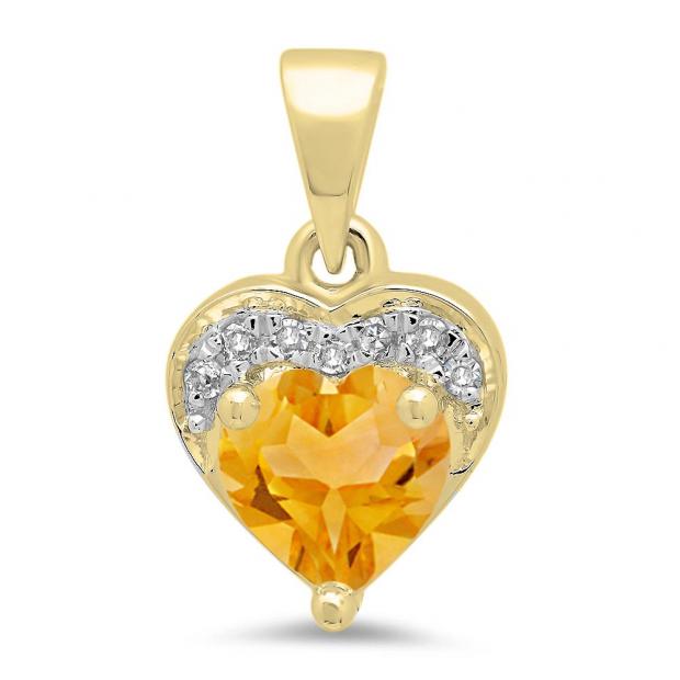 0.60 Carat (ctw) 14K Yellow Gold Heart Cut Citrine & Round Cut White Diamond Ladies Heart Pendant