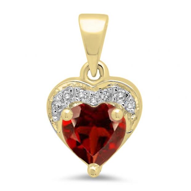 0.60 Carat (ctw) 14K Yellow Gold Heart Cut Garnet & Round Cut White Diamond Ladies Heart Pendant
