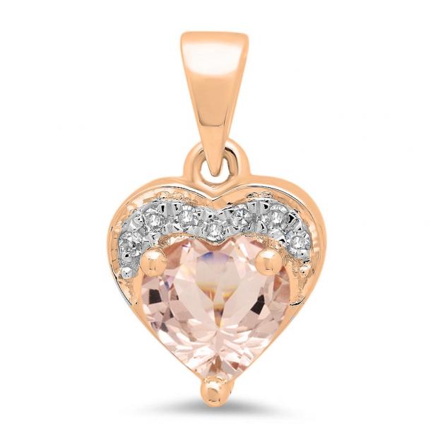 0.60 Carat (ctw) 18K Rose Gold Heart Cut Morganite & Round Cut White Diamond Ladies Heart Pendant