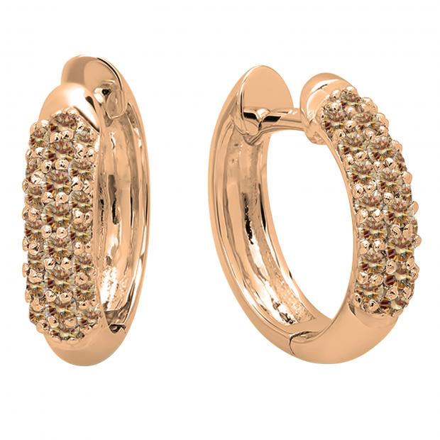 0.30 Carat (ctw) 14K Rose Gold Round Champagne Diamond Ladies Pave Set Huggies Hoop Earrings 1/3 CT