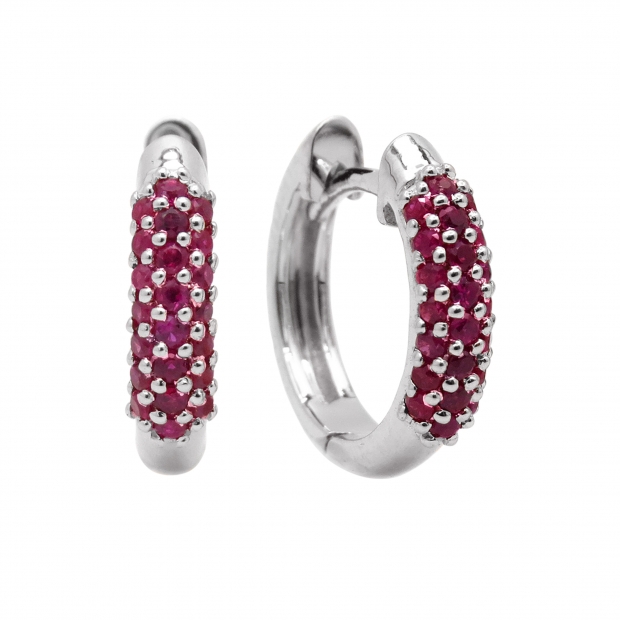 0.30 Carat (ctw) 18K White Gold Round Ruby Ladies Pave Set Huggies Hoop Earrings 1/3 CT
