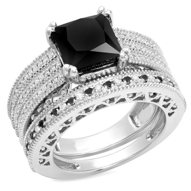5.50 Carat (ctw) Sterling Silver Princess & Round Cut Black & White Diamond Ladies Bridal Vintage Style Engagement Ring With Matching Band Set