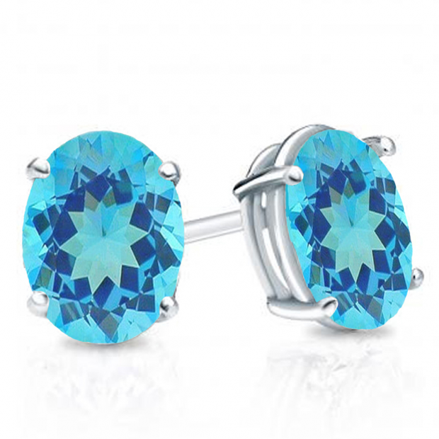 1.50 Carat (Ctw) Sterling Silver Oval Cut Blue topaz Ladies Solitaire Stud Earrings 1 1/2 CT