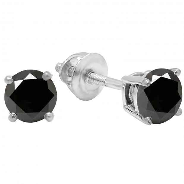 1.00 Carat (ctw) 10K White Gold Round Cut Black Sapphire Ladies Solitaire Stud Earrings 1 CT
