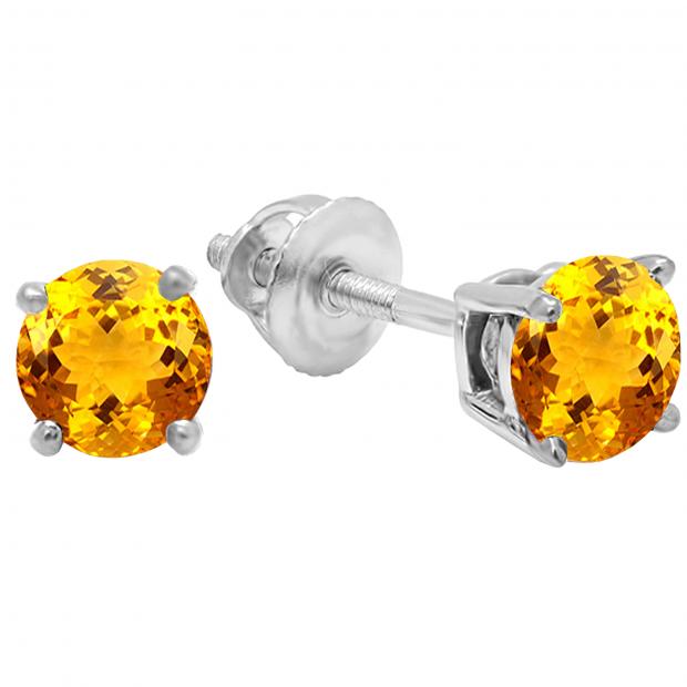 1.50 Carat (ctw) 10K White Gold Round Cut Citrine Ladies Solitaire Stud Earrings 1 1/2 CT