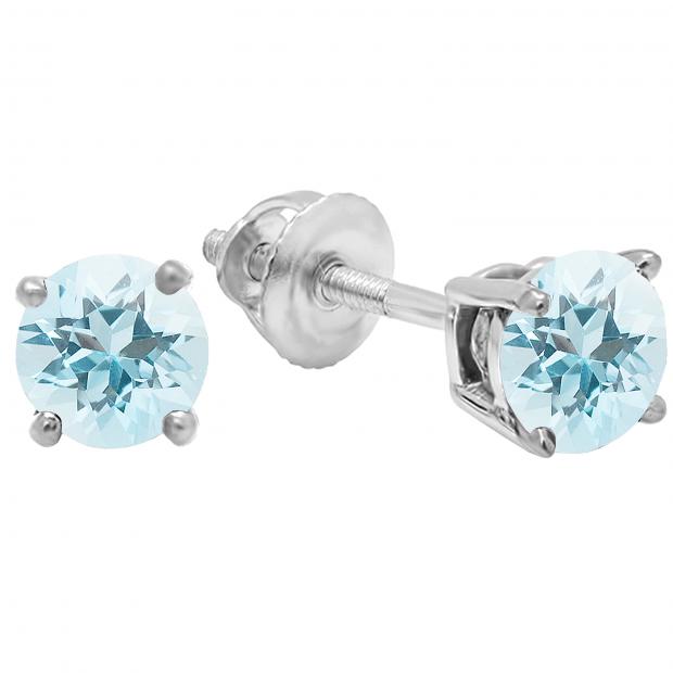 1.50 Carat (Ctw) Sterling Silver Round Cut Aquamarine Ladies Solitaire Stud Earrings 1 1/2 CT